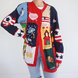 VTG Eagles Eye Red Holiday Calendar Months Knit Cotton Cardigan Grandmacore M